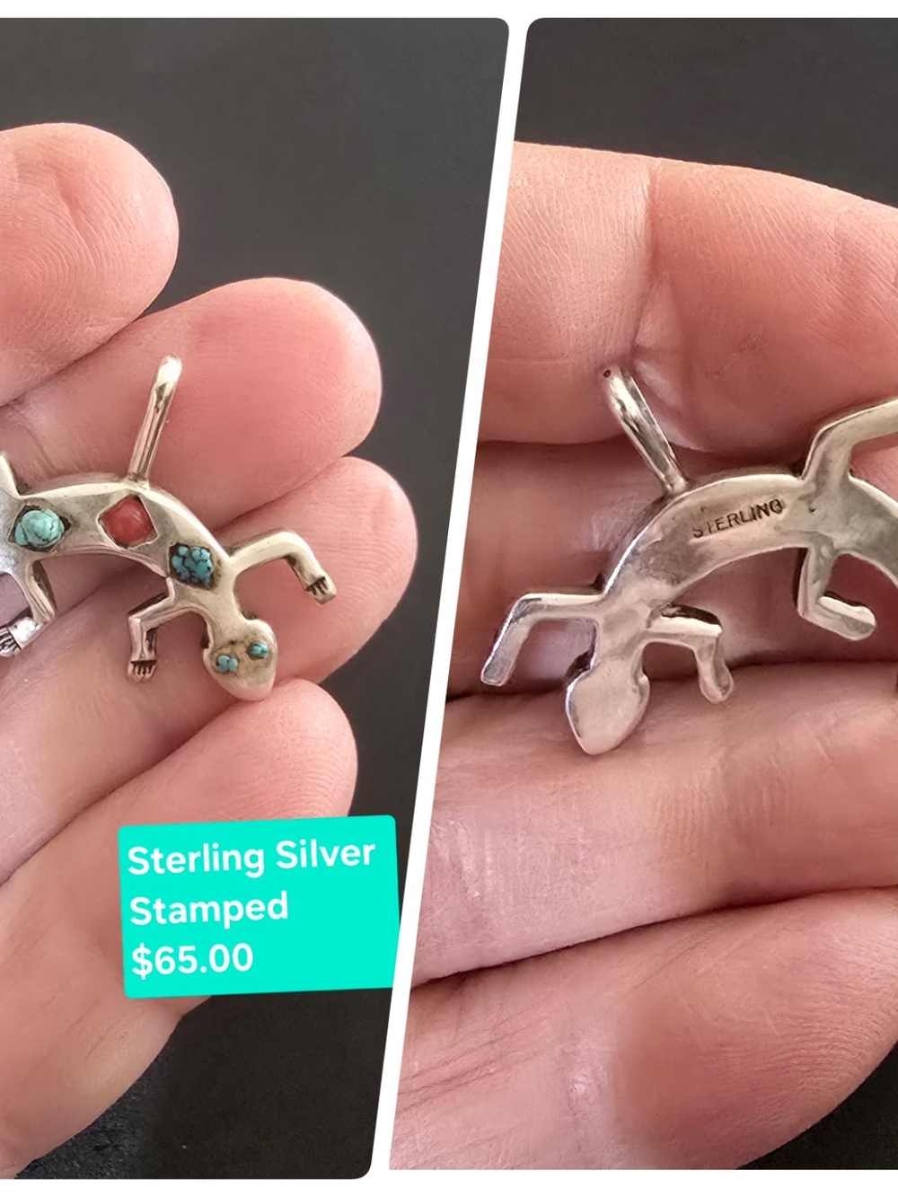 Sterling Silver Turquoise Gecko Pendant - Reptile Jewelry